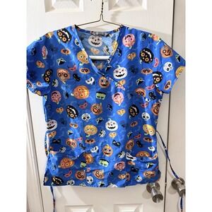 Serene Scrub Top Size Medium Blue Halloween Frankenstein Theme